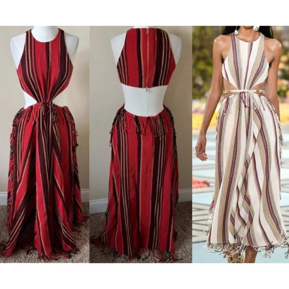 Ulla Johnson Caterina Red Black Stripe Fringed Maxi Dress 17882 - Picture 3 of 14